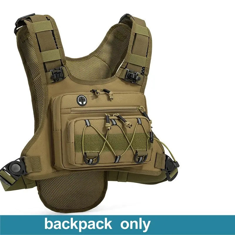 A tactical chest rig backpack in olive drab and coyote brown, featuring multiple zippered compartments, webbing, and compression straps, shown against a white background.