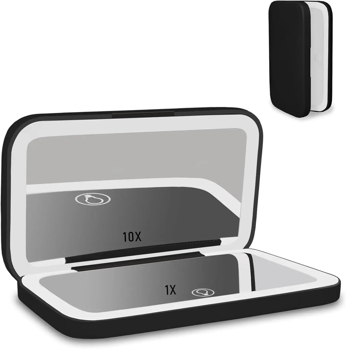 A black and white compact mirror shown open, with a smaller closed view inset in the upper right. The open mirror displays a built-in LED light and text indicating 10X and 1X magnification.