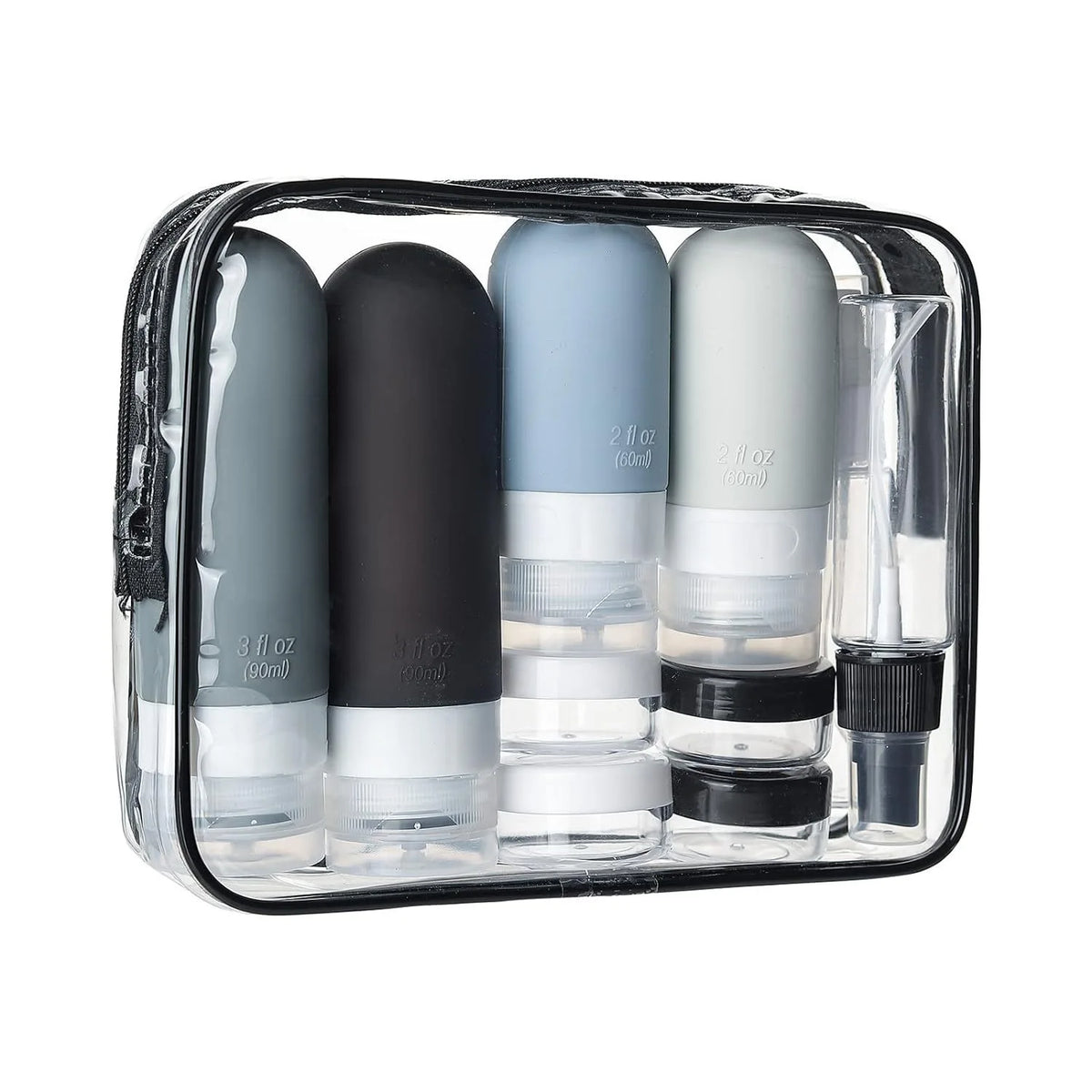 Clear travel case with various bottles and containers on a white background