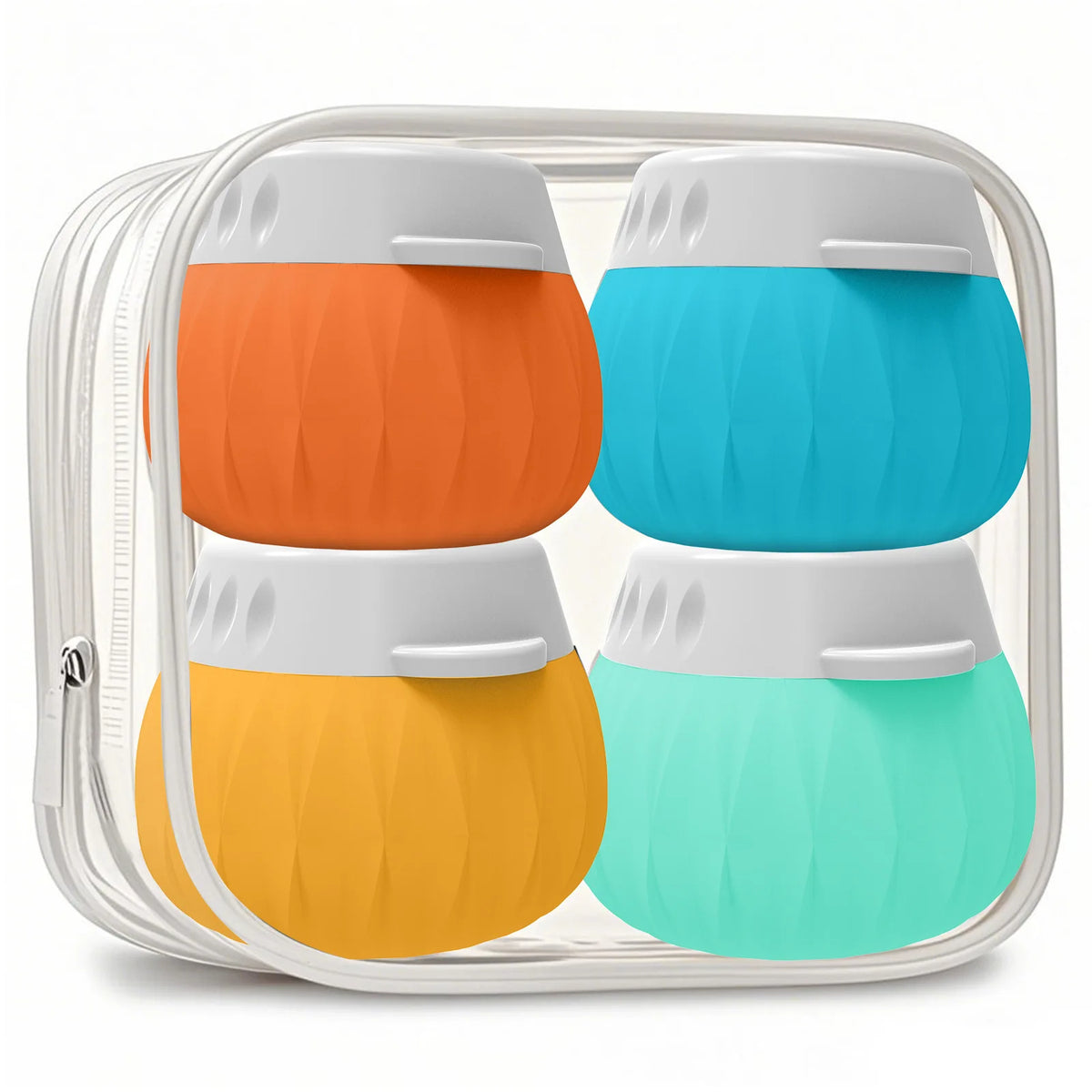 Four silicone baby feeding cups in orange, yellow, blue, and mint green, arranged in a clear zippered storage pouch on a white background.