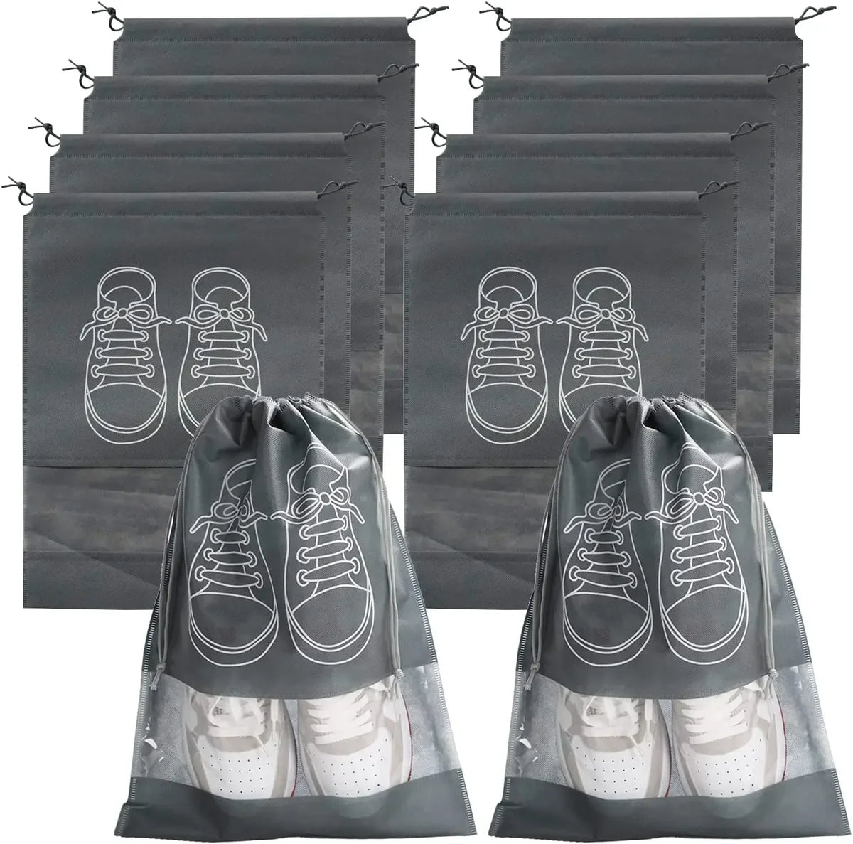 Set of gray shoe bags with transparent bottoms showing white shoes inside, on a white background.