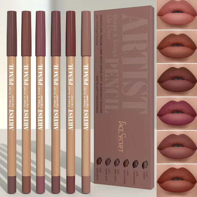 6-Piece Velvet Matte Lip Liner Pencil Set – Long-Lasting Waterproof for All Skin Tones