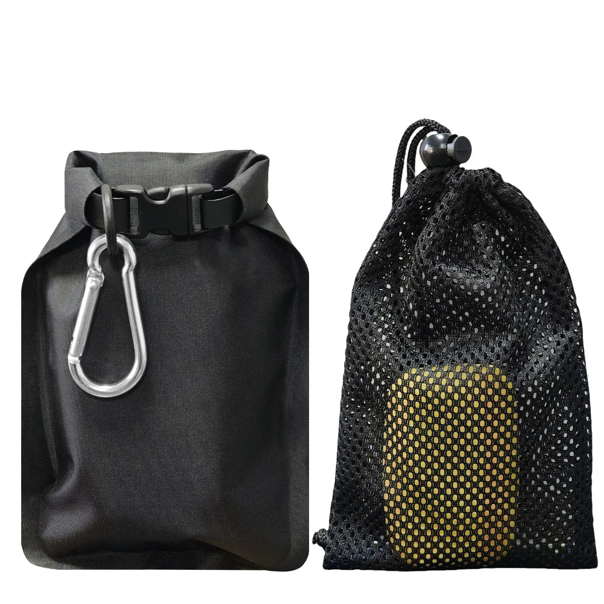 Black dry bag with carabiner and black mesh drawstring bag with gold interior on a white background