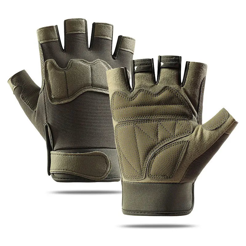Pair of tactical gloves with fingerless design on a white background