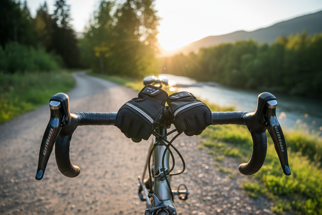 Premium half-finger cycling gloves resting on bicycle handlebars in natural light
