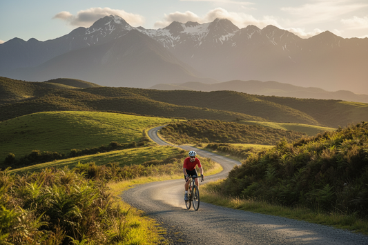 Cyclist riding on a scenic New Zealand gravel road with mountain backdrop