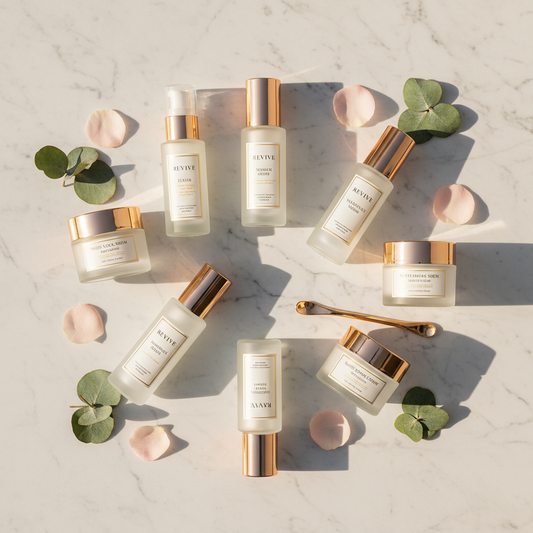 Premium skincare products flat-lay with gold accents and eucalyptus leaves
