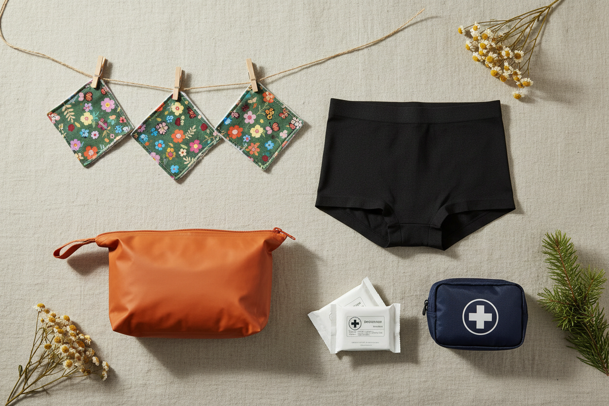 A styled flat-lay of menstrual care items on a beige linen background: black briefs, an orange pouch, white sanitary pads, a navy first-aid kit pouch with a white cross, and three floral fabric squares clipped to a string.