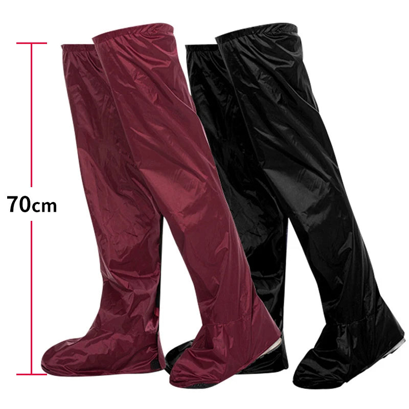 Maroon and black rain boot covers with a measurement indicator on a white background