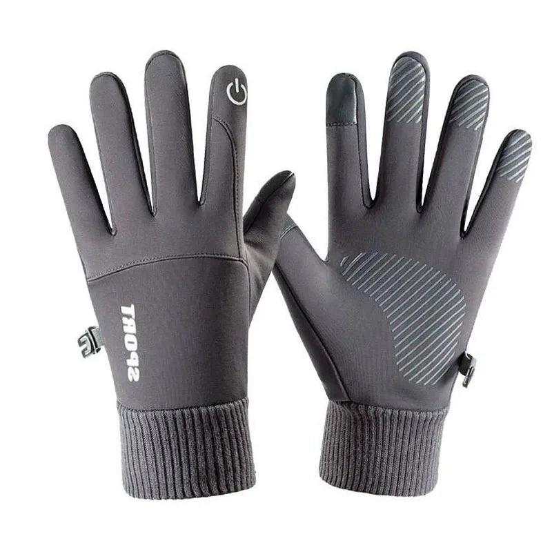 Pair of gray gloves with touchscreen tips on a white background