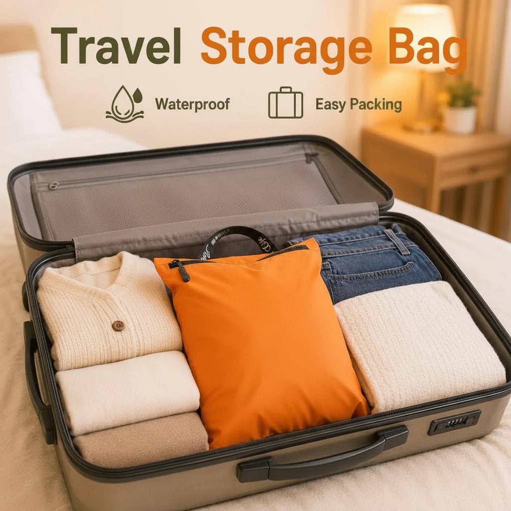 An open suitcase on a bed showing a bright orange travel storage bag with a zipper and small airplane logo, surrounded by folded clothes. Text at the top reads 'Travel Storage Bag' with icons for waterproof and easy packing.