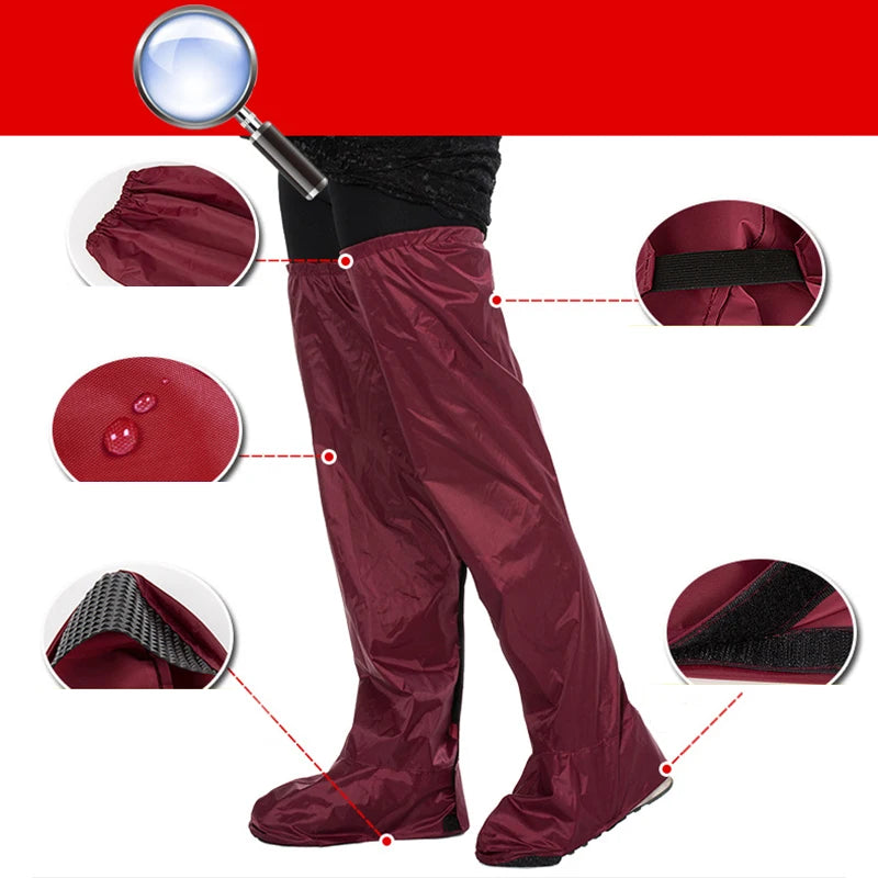 A pair of burgundy waterproof rain boots with matching rain pants, shown on a model's lower body with circular detail insets highlighting the fabric texture, elastic waist, and waterproof seam.