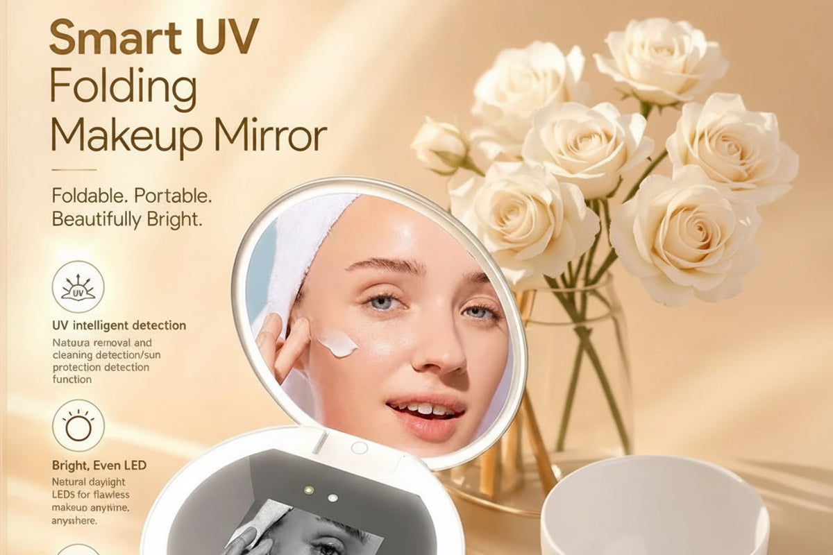 TJMIR folding makeup mirror shown open with a built-in screen and a round mirror visible inside. The product is displayed on a warm beige background with decorative white roses and a small bowl, alongside marketing text about UV smart lighting and portability.