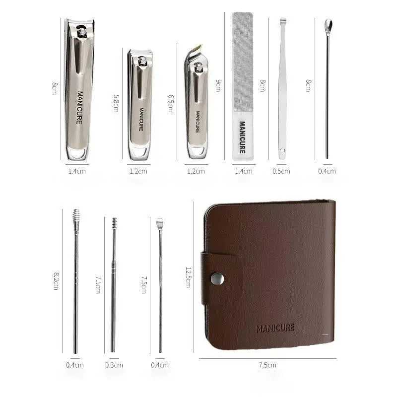 Manicure set with tools and dimensions labeled on a white background