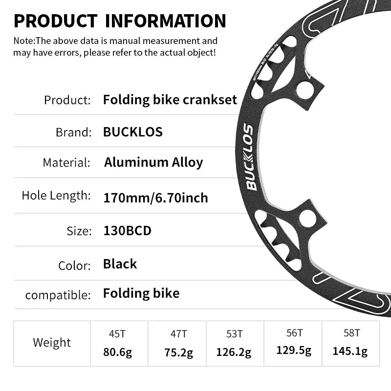 Bucklos 130BCD Folding Bicycle Crankset 170mm – 45T/47T/53T/56T/58T for BMX & Road Bike