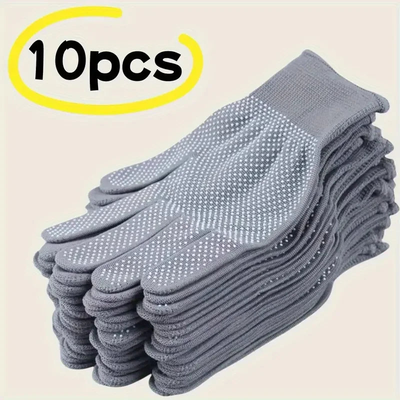 Stack of gray gloves with white dots on a beige background, labeled '10pcs'.