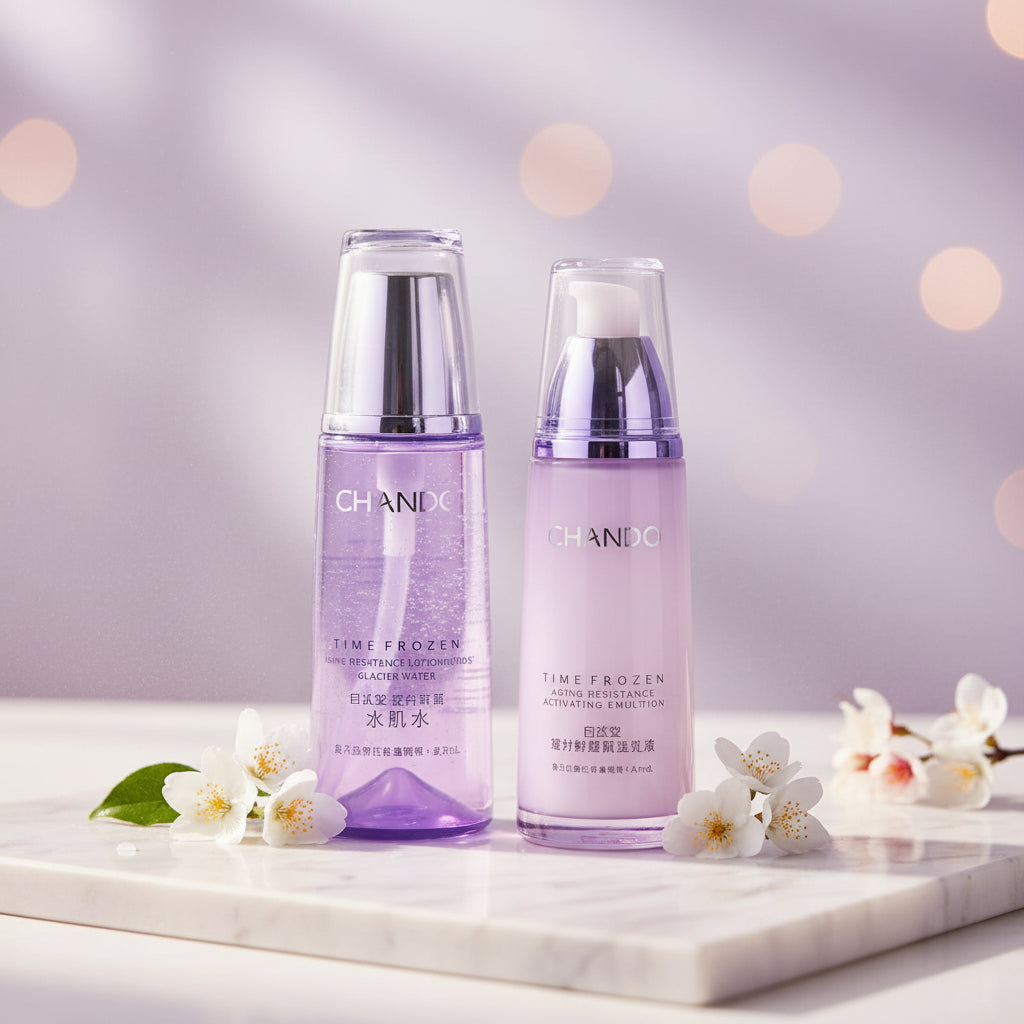 Two CHANDO skincare bottles on a white background, with a red text banner at the bottom reading '纸莓灰 160ml+花动 120ml'. The bottles are lavender purple with black caps and clear tops.