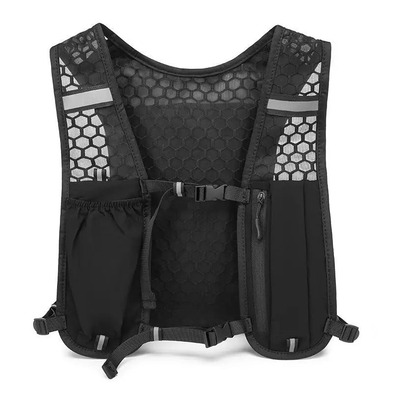Black running vest with reflective accents on a white background