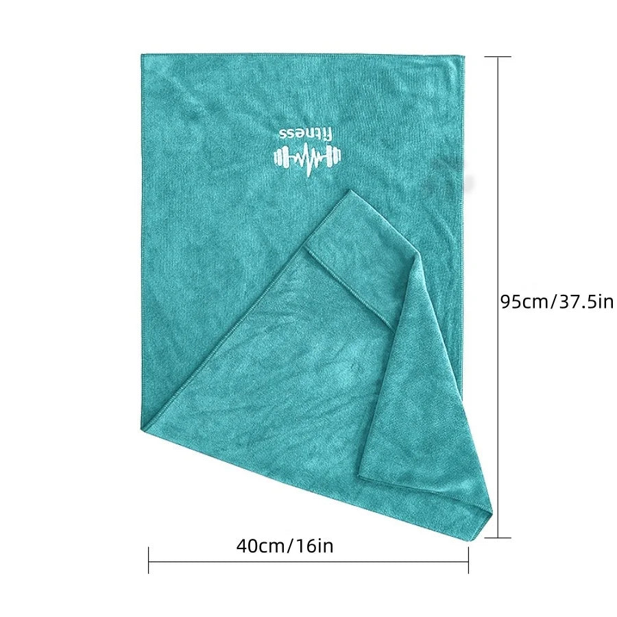 Teal towel and dimensions on a white background