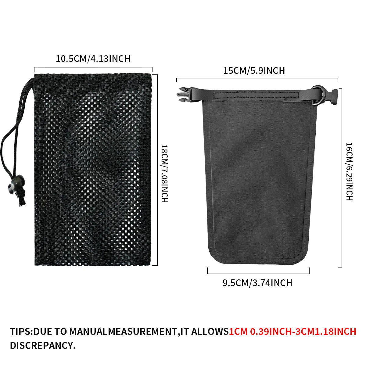 Black mesh pouch and drawstring bag with measurements on a white background
