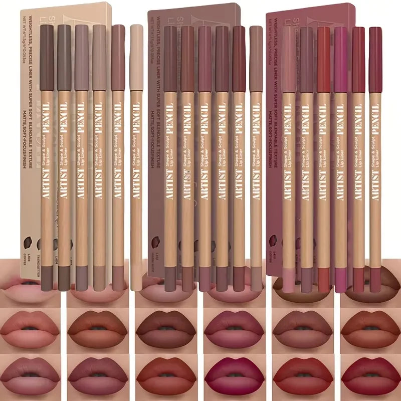 6-Piece Velvet Matte Lip Liner Pencil Set – Long-Lasting Waterproof for All Skin Tones