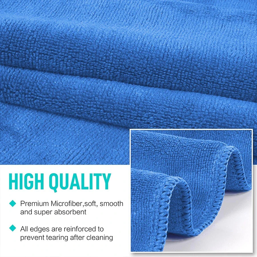 Blue microfiber cloth with text highlighting its quality and features