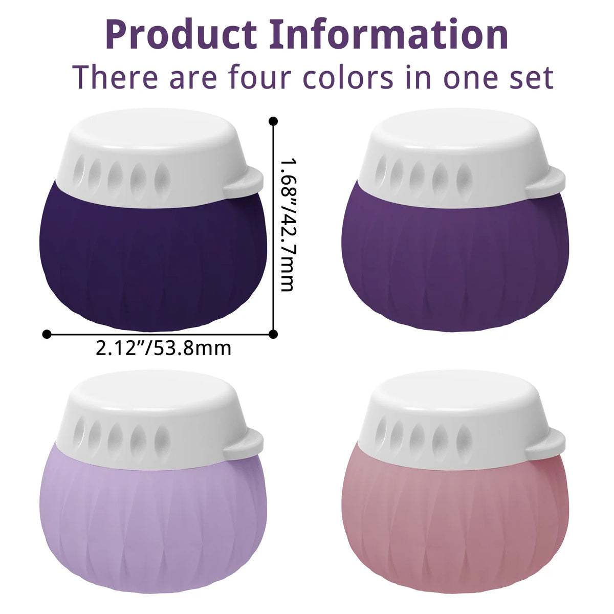 Product information graphic showing four small round containers in different colors: dark purple, medium purple, light lavender, and dusty pink. Each container has a ribbed body and a white screw-on lid with side tabs.