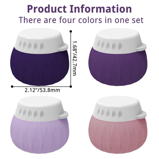 Product information graphic showing four small round containers in different colors: dark purple, medium purple, light lavender, and dusty pink. Each container has a ribbed body and a white screw-on lid with side tabs.