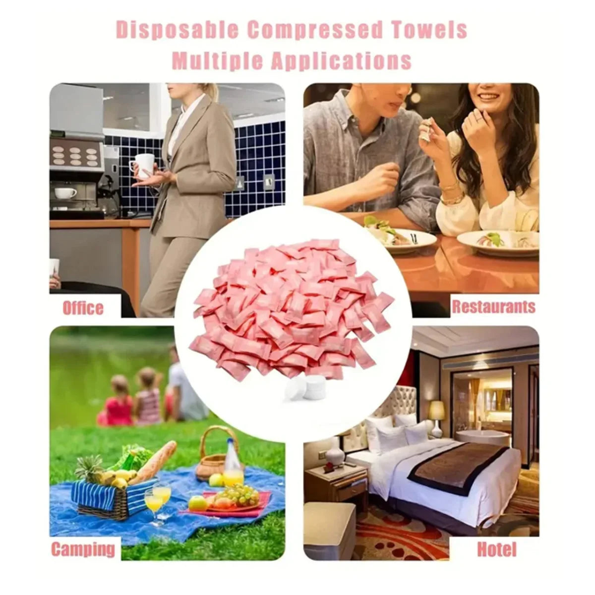 Disposable compressed towels with various applications including office, restaurants, camping, and hotel.