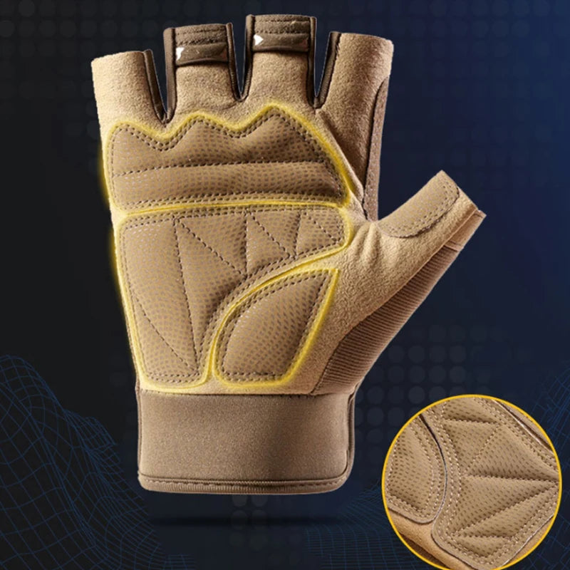 A tan fingerless glove with yellow stitched accents and a circular inset showing a close-up of the textured palm material, set against a dark blue background.
