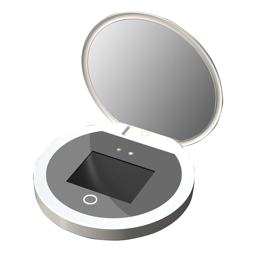 Compact mirror with a digital display on a white background