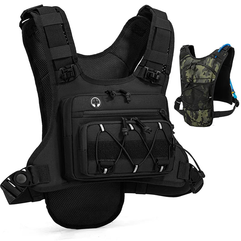 Black tactical vest with multiple pockets and straps, on a white background.
