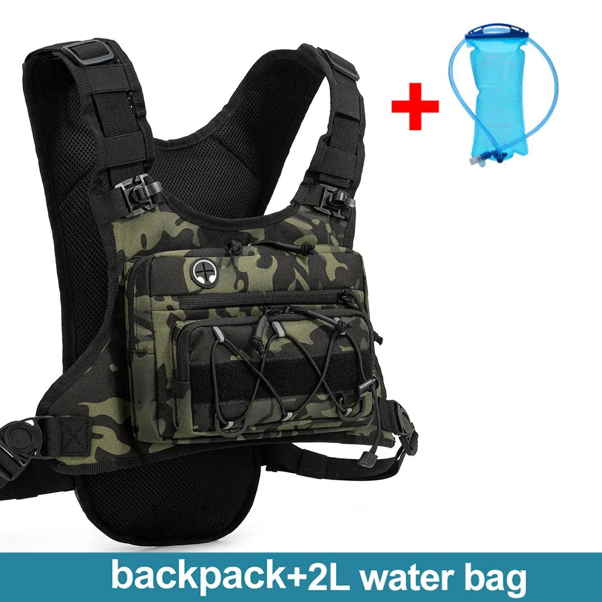 A tactical camouflage backpack shown with a 2L water bag accessory, indicated by a red plus sign icon. The main product is a black and green camouflage backpack with multiple front pockets and compression straps, and the accessory is a blue water bag.