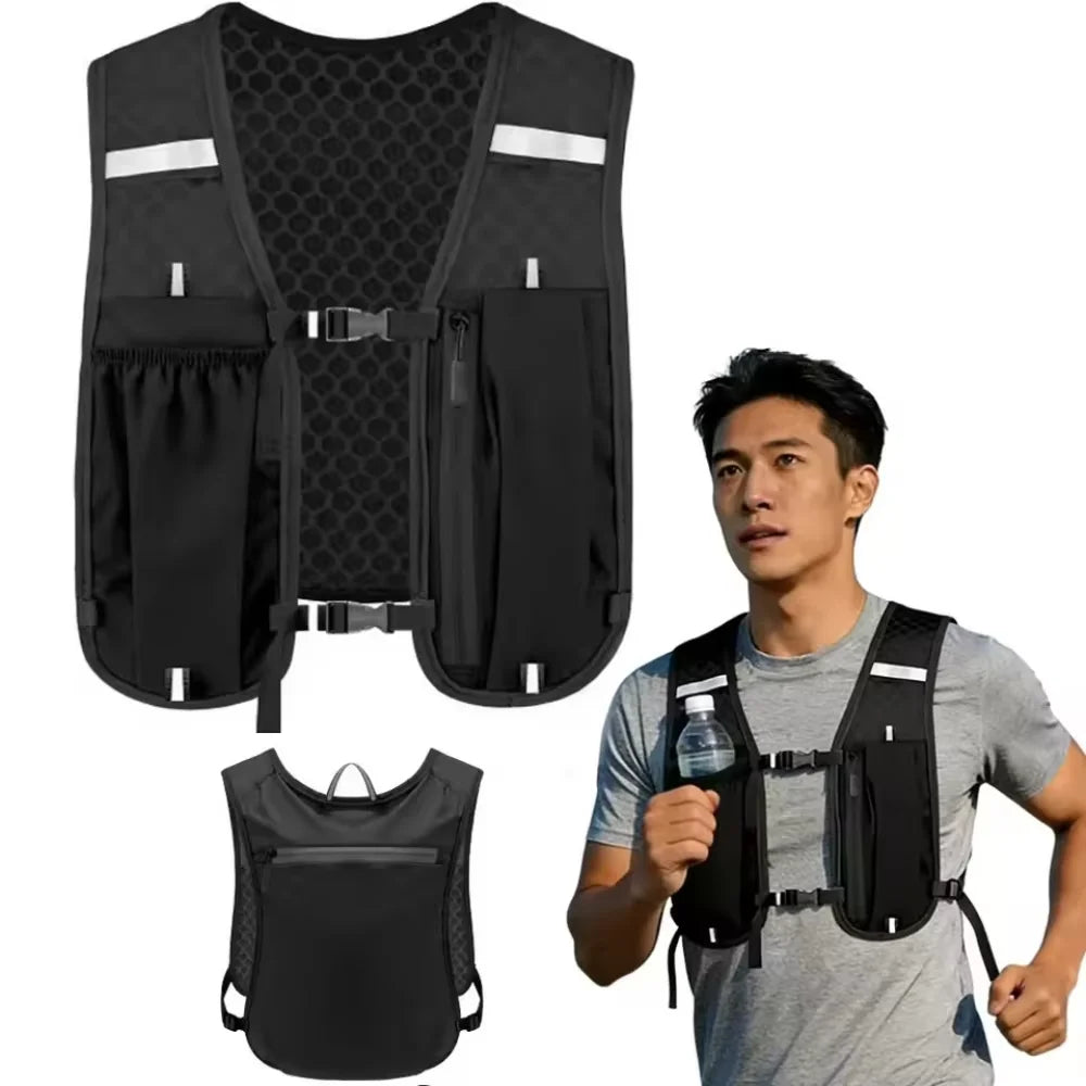 Black reflective cycling and running vest with multiple front pockets, shown in three views: a large flat product view, a smaller front view, and worn by a male model holding a water bottle. The vest has reflective silver stripes and mesh ventilation panels.