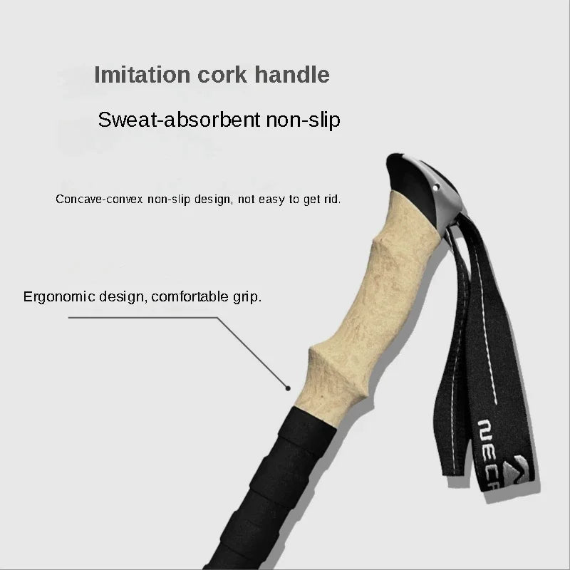 Hand holding a black and beige handle with text describing its features on a white background
