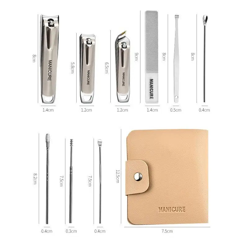 Manicure tool set with dimensions labeled on a white background