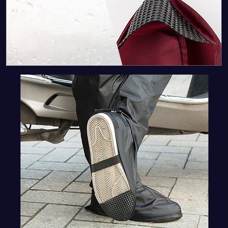 A pair of black waterproof boot covers shown being worn over shoes, with one boot turned upside down to display the sole and strap closure. The top inset shows a close-up of the red and gray interior lining of the boot cover.