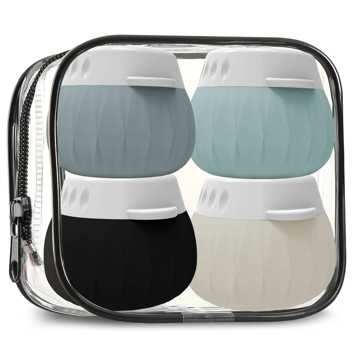 Four reusable silicone travel mugs in a clear zippered storage pouch. The mugs feature a ribbed textured body and a white screw-top lid.