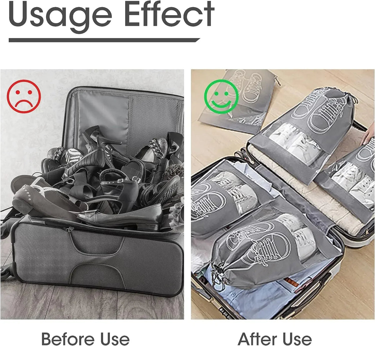 Comparison of a suitcase with shoes before and after using shoe organizers.