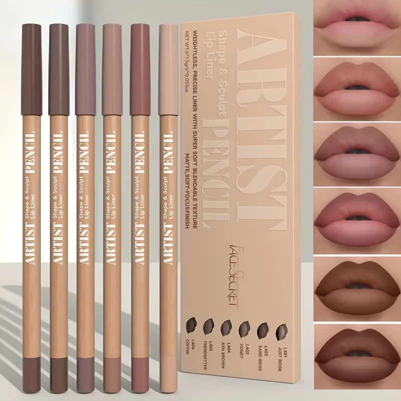 6-Piece Velvet Matte Lip Liner Pencil Set – Long-Lasting Waterproof for All Skin Tones