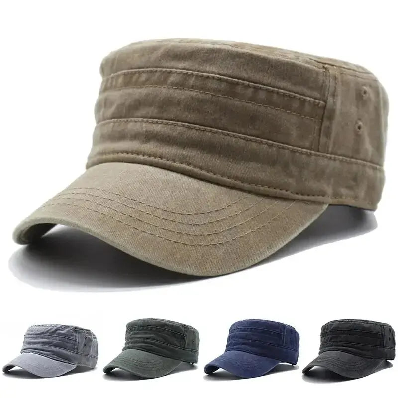 A military-style flat cap shown in tan on a white background, with four smaller color variants along the bottom in gray, green, blue, and black.