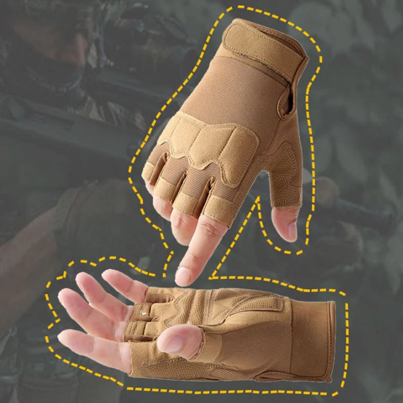 A pair of tan fingerless gloves shown against a blurred military-style background, with yellow dashed outlines highlighting both hands wearing the gloves.