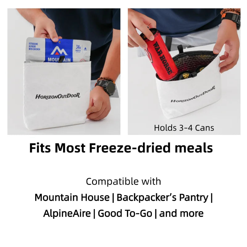 Two images showing a white pouch with 'Horizon Outdoor' branding, holding Mountain House and Backpaker's Pantry freeze-dried meals.