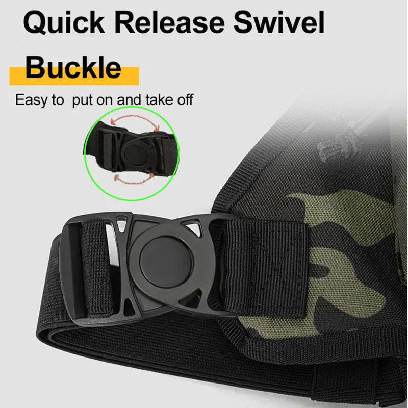 Black quick release swivel buckle on a belt with text indicating ease of use.