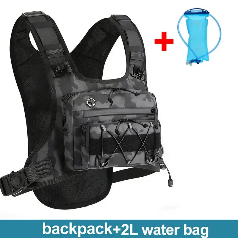 A black and gray camouflage tactical hydration backpack shown with a red plus sign and a blue 2L water bag graphic, with the text 'backpack+2L water bag' at the bottom on a white background.