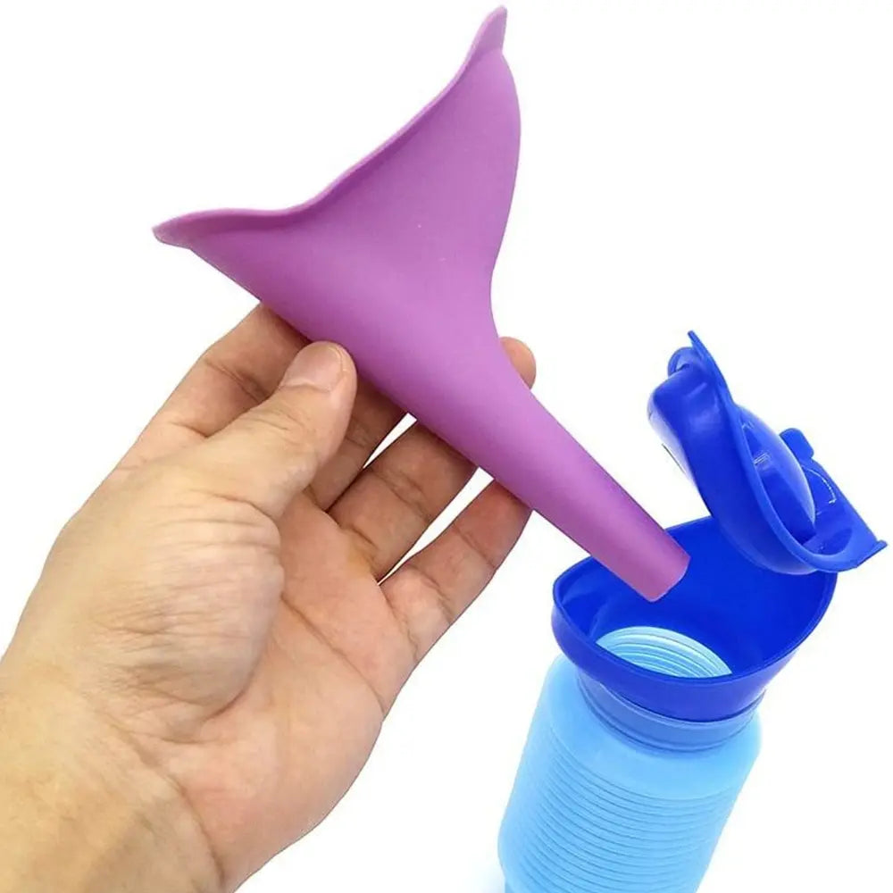 Purple silicone funnel held over a blue container with a white background