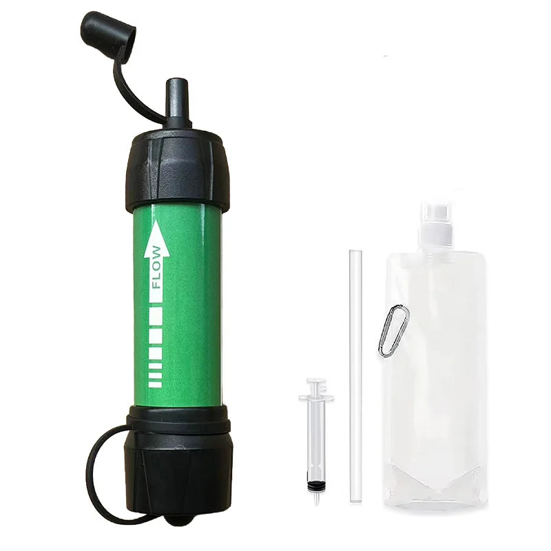 Green water filter straw with accessories on a white background