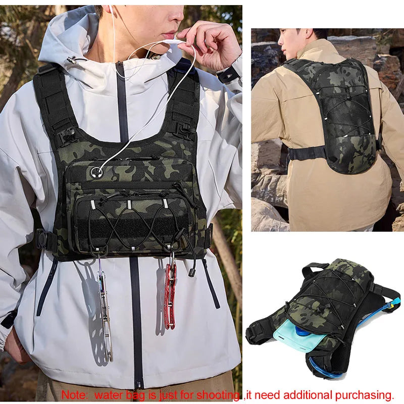 Camouflage tactical vest worn by a person with additional views and notes.