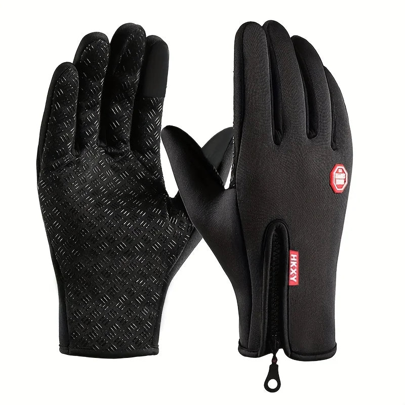 Pair of black gloves with brand logo on a white background