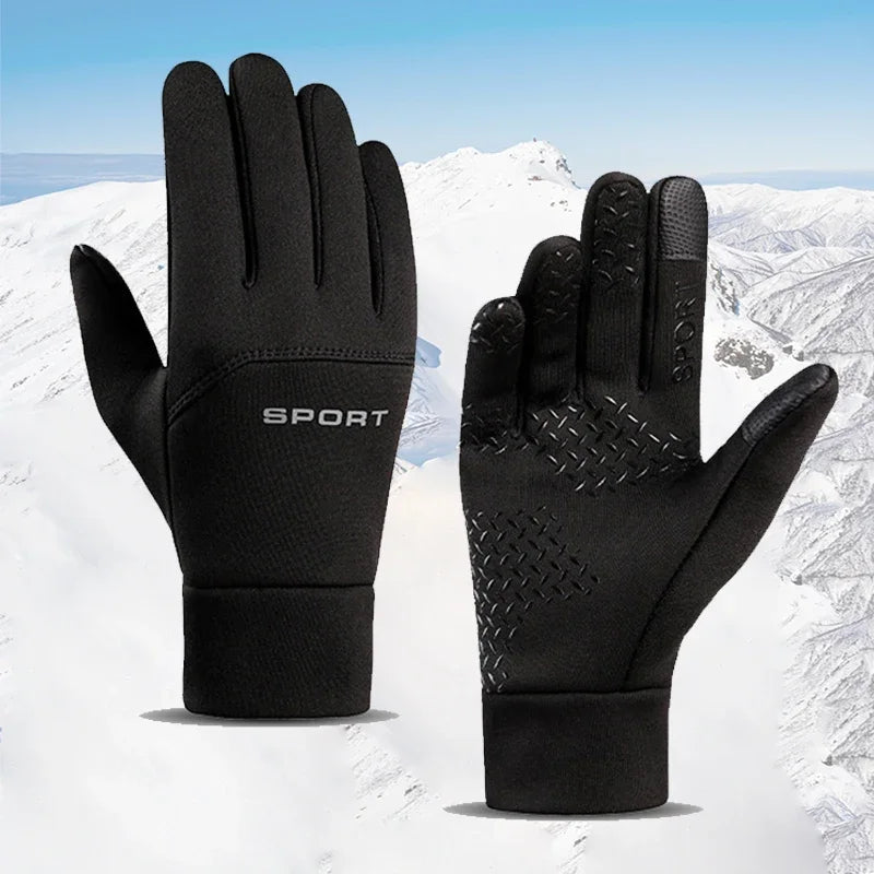 Black gloves on a snowy background